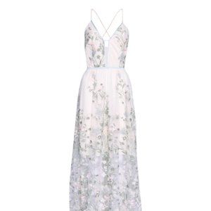 True Decadence- Light Sage Embroidery Low Back Maxi Dress